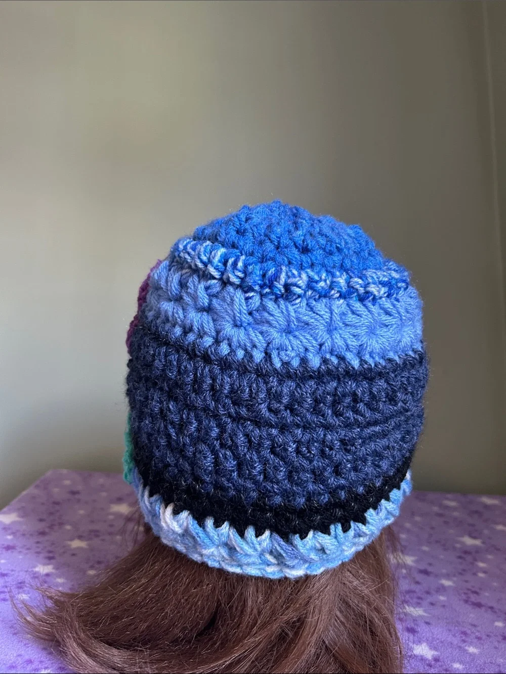 Crocheted Blue & Purple Flower Beanie medium acrylic beanie